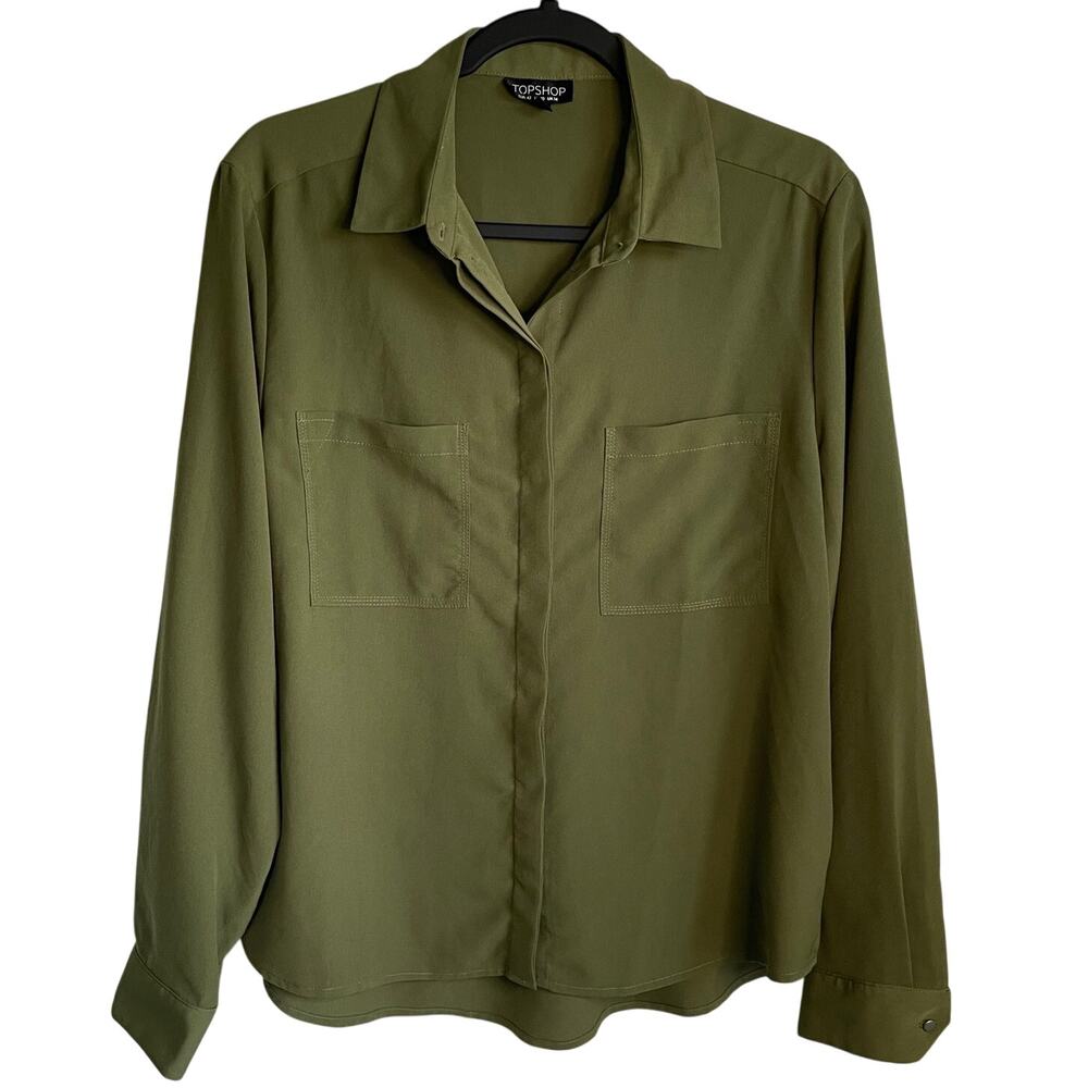 Topshop NWOT Button Up Blouse Sz 10 Collared Long Sleeves Olive Green Classic